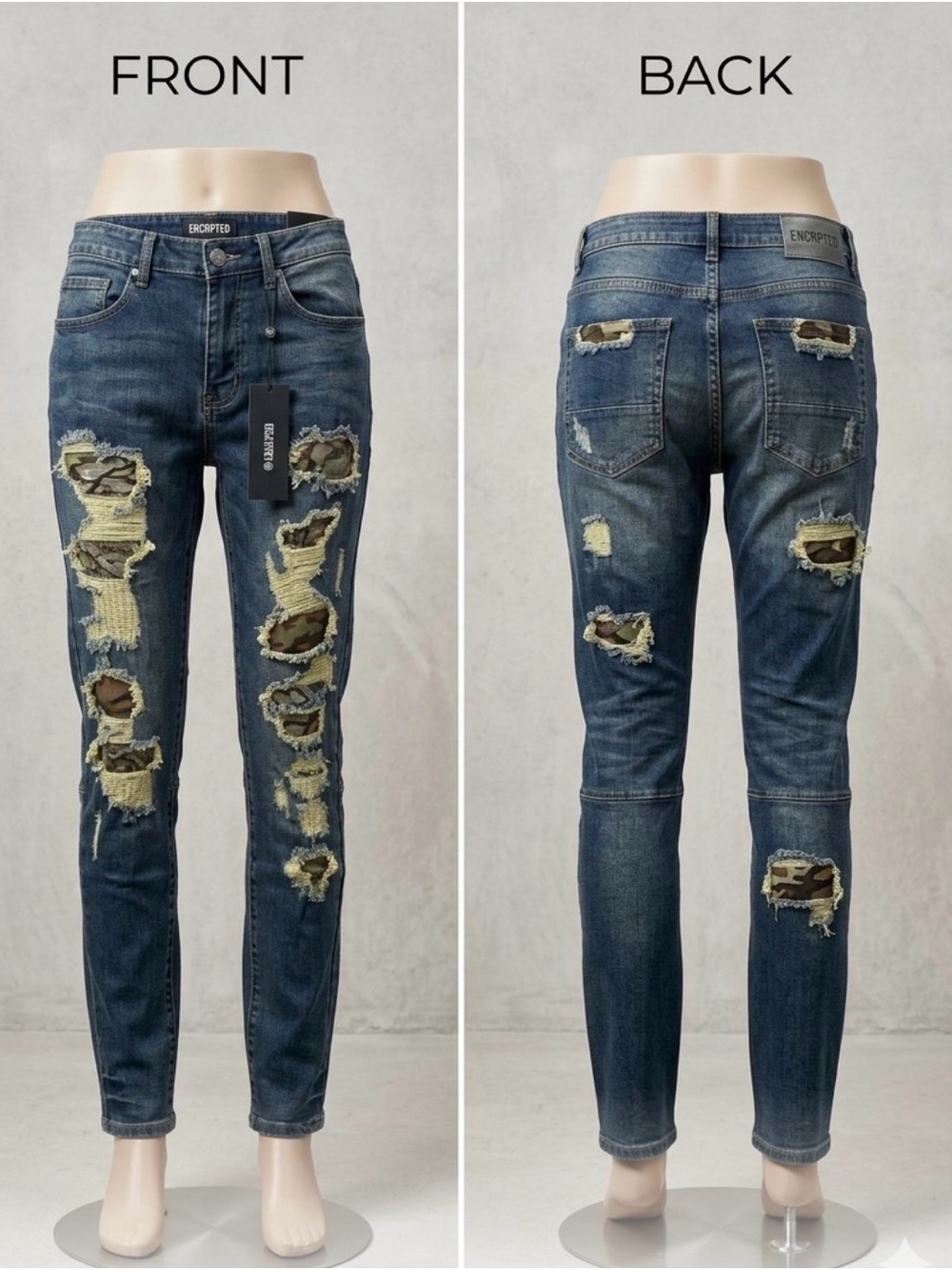 Brand New Mens Distressed Skinny Jeans in Dark Blue with Camouflage Patch
